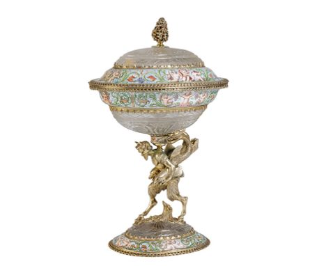 FINE NEO-CLASSICAL STYLE AUSTRIAN AND SILVER ENAMEL AND CRYSTAL COVERED COMPOTE, VIENNA, 19TH CENTURY, the domed cover decora