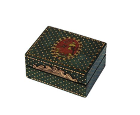 LATE 19 TH CENTURY CONTINENTAL TRINKET BOX with mirroed inside lid ,  tortshell linened interior and gold coloured metal hin