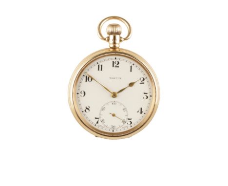 VERTEX 9CT GOLD CASED OPEN FACE GENTLEMAN'S POCKET WATCH with keyless wind, white enamel dial, subsidiary seconds dial, black