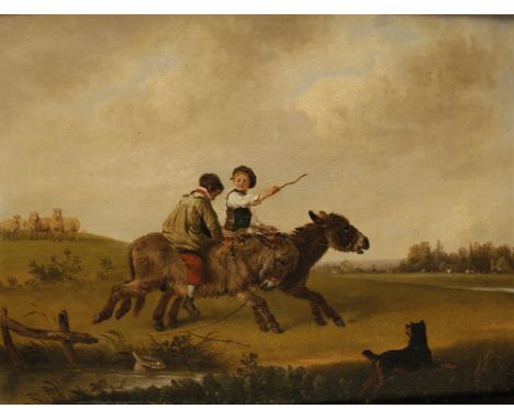 EDMUND BRISTOW (1787-1876) Two young boys riding donkeys as a dog runs alongside, a flock of sheep watching on, signed lower 