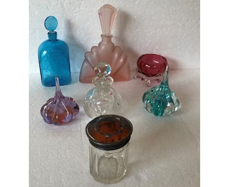 Seven pieces of glass including two Caithness ring stands and a silver and tortoiseshell topped jar And cranberry salt a/f