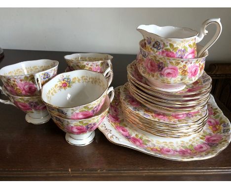 Royal Albert Serena pattern tea service. Six cups, saucers and plates etc, chip to jug. 