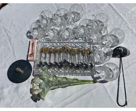 Miscellaneous lot to include 12 cut glass cups and limited edition spoons etc...