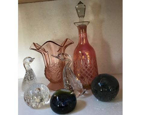 Pieces of glassware to include Caithness Paperweight, two ducks, decanter etc. 