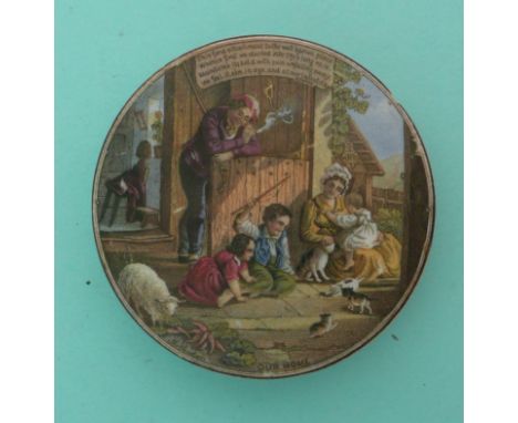 Our Home (241) manufacturer’s rim chip at two o’clock.(potlid, pot lid, Prattware, Staffordshire).