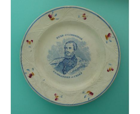 Duke of Cambridge: a plate with moulded border printed in blue with a named portrait inscribed ‘Commander in Chief’, circa 18