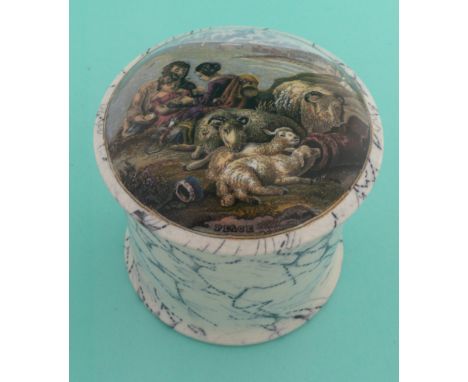 Peace (220) domed lid with marbled border and flange, complete with matching tall Gosnell base (2).(potlid, pot lid, Prattwar