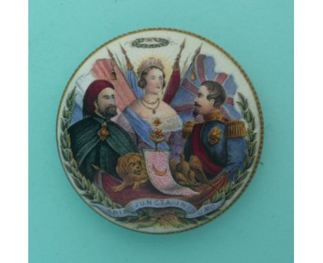 Tria Juncta in Uno (164) medium.(potlid, pot lid, Prattware, Staffordshire).
