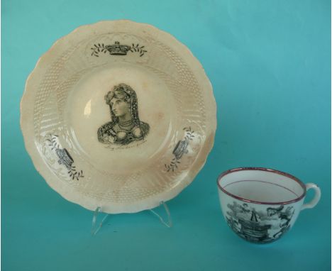 A pottery bowl printed in black with a named portrait of Queen Caroline, stained and a pink lustre porcelaineous cup for Char