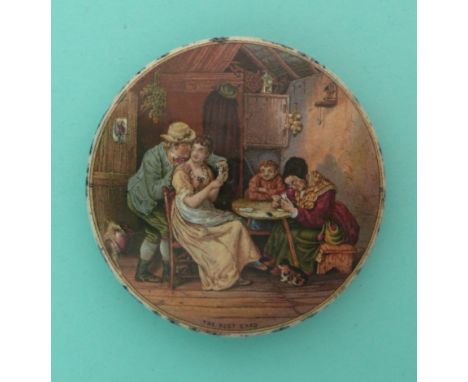 The Best Card (254) black mottled border and flange, fine hairline crack at three o’clock.(potlid, pot lid, Prattware, Staffo