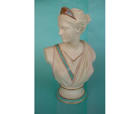 A good parian portrait bust with integral socle base, decorated in turquoise and cerise enamel and lined in gilt, circa 1855,