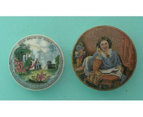 The Rose Garden (120) extra small, cracked and Lady Reading Book (105) (2).(potlid, pot lid, Prattware, Staffordshire).