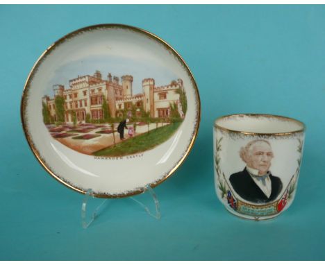 Political Commemoratives: 1898 Gladstone in Memoriam: an unusual cup and saucer by William Lowe with named portrait and view 