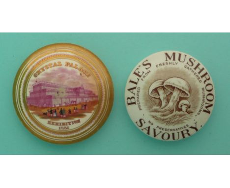 Crystal Palace Exhibition 1851, pink print with gilt decoration, 95mm, rubbed and Bale’s Savoury Mushroom (2).(potlid, pot li
