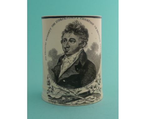 Sir Francis Burdett: a Sunderland creamware tankard well printed in black with a named and inscribed portrait oval, signed, t