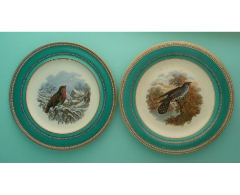 A good dessert plate: The Robin (278) and another The Cuckoo (281) both green ground (2).(potlid, pot lid, Prattware, Staffor