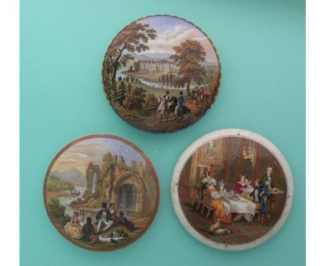 The Picnic (354) Strathfieldsaye (188) and The Breakfast Party (314) (3).(potlid, pot lid, Prattware, Staffordshire).