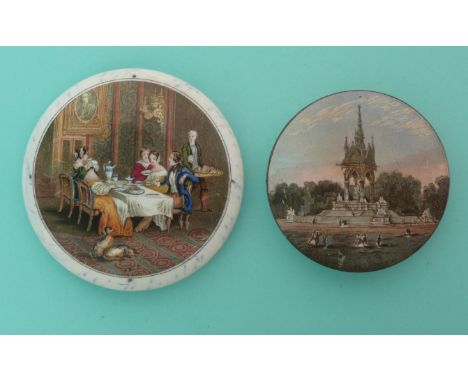 The Breakfast Party (314) large and Albert memorial (190) (2).(potlid, pot lid, Prattware, Staffordshire).
