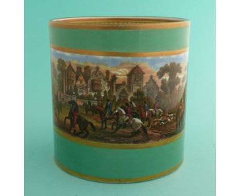 A particularly good cylindrical mug of large size: Meet of the Foxhounds (81) green ground with gold banding and fancy decora