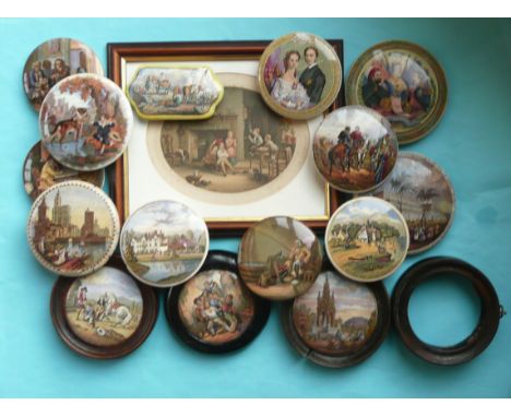 Twelve lids and three framed lids, each defective, two frames and a framed Le Blond oval (a lot).(potlid, pot lid, Prattware,