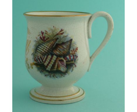 A good baluster shaped mug on spreading foot: Shells (52D) initialled AM in gilt, 111mm.(potlid, pot lid, Prattware, Stafford