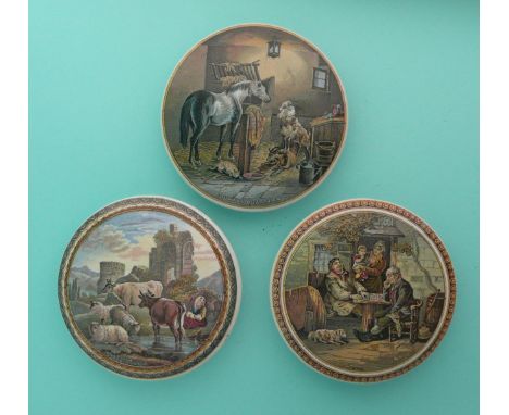 Cattle and Ruins (315) Country Quarters (266) and A Fix (256) (3).(potlid, pot lid, Prattware, Staffordshire).