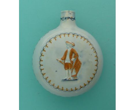 Admiral Rodney: a Prattware flask the body moulded with named full-length figures painted in underglaze blue and ochre, circa