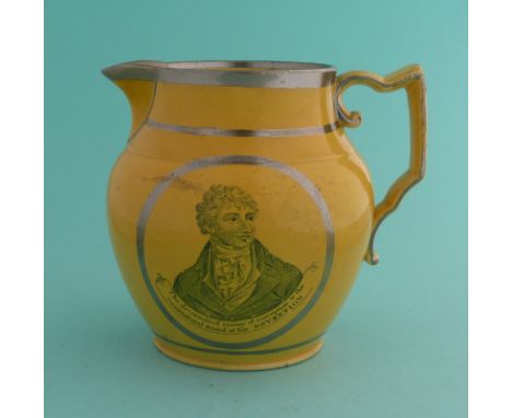1810 Sir Francis Burdett: a yellow pottery jug banded in lustre and printed in grey with an inscribed portrait and on the rev
