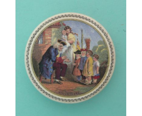 The Volunteers (214) fancy border.(potlid, pot lid, Prattware, Staffordshire).