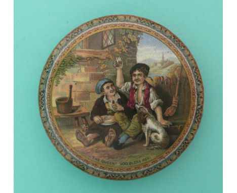 The Queen God Bless Her (319) gold lined border.(potlid, pot lid, Prattware, Staffordshire).