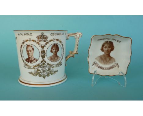 1937 Coronation: a Royal Crown Derby mug with named portraits, 92mm and a quatrelobe dish with portrait of the Queen (2).(com