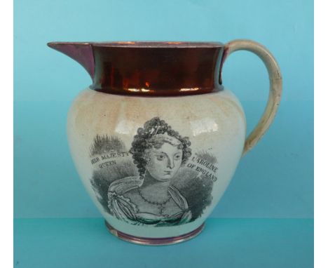 Queen Caroline: an unusual copper and pink lustre banded jug printed with a named portrait and on the reverse four lines of v
