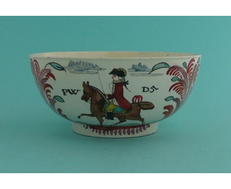 William V, Prince of Orange: a small English creamware bowl well painted in coloured enamels with an equestrian portrait insc