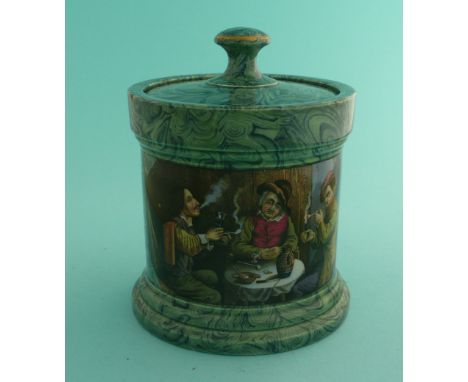 A good malachite ground spill vase: Jolly Topers (406) 118mm.(potlid, pot lid, Prattware, Staffordshire).
