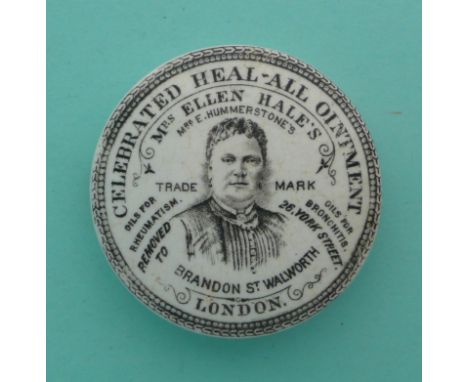 Mrs Ellen Hale’s Celebrated Heal-all Ointment, chips to bullnose and flange.(potlid, pot lid, Prattware, Staffordshire).