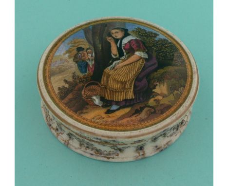 The Listener (363) black mottled and gilt decorated flange complete with matching base (2).(potlid, pot lid, Prattware, Staff