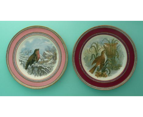 Two good side plates: The Robin (278) pink ground and The Reed Warbler (285) maroon ground (2).(potlid, pot lid, Prattware, S