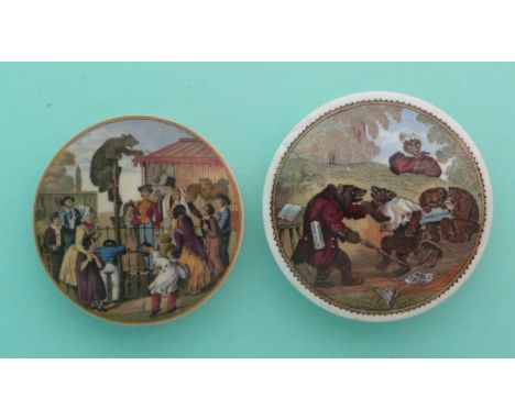 Staffordshire Pot Lids: The Bear Pit (6) without dome and Bears at School (9) (2). (potlid, pot lid, Prattware, Staffordshire