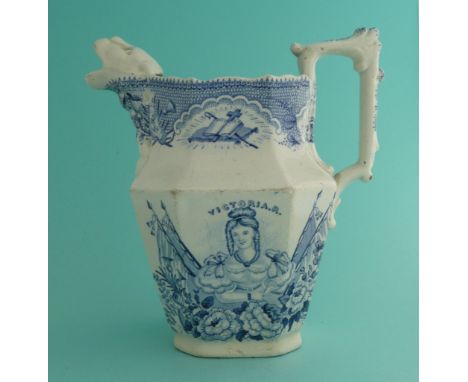 Victoria: a pottery jug with maskhead spout, the octagonal body printed in blue with a named portrait and on the reverse Brit