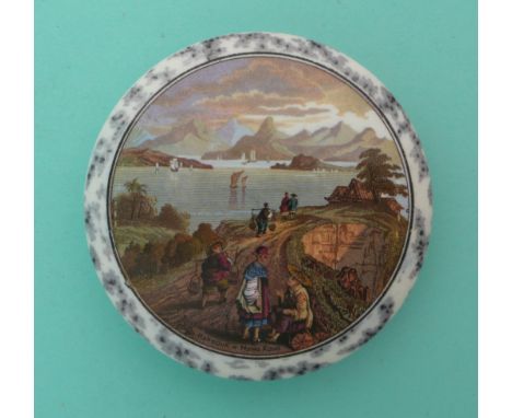 Harbour of Hong Kong (221) black mottled border.(potlid, pot lid, Prattware, Staffordshire).