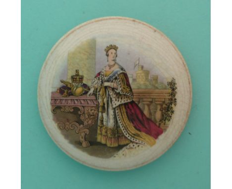 Queen Victoria with Orb and Sceptre (151) medium.(potlid, pot lid, Prattware, Staffordshire).