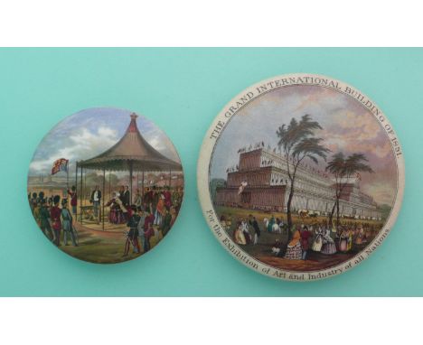 Wimbledon, July 1860 (223) and Grand International Buildings (133) (2).(potlid, pot lid, Prattware, Staffordshire).