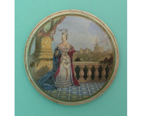Queen Victoria on Balcony (150) large domed lid with marbled border, repaired.(potlid, pot lid, Prattware, Staffordshire).