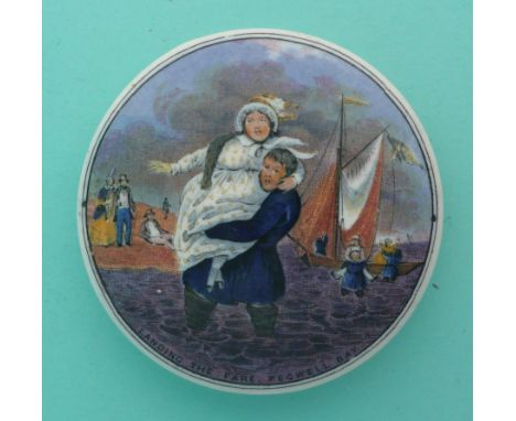Landing the Fare (38) yellow spotted dress, the reverse engraved ‘Hatherall Collection’.(potlid, pot lid, Prattware, Stafford
