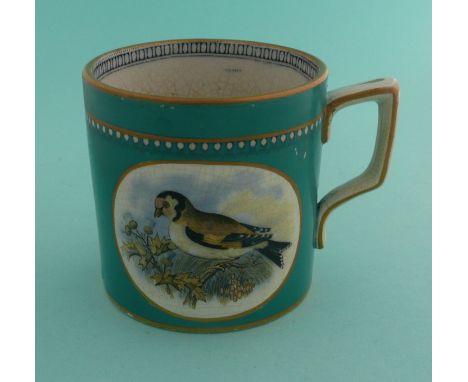 Prattware: A good small mug: The Bullfinch (298) and The Goldfinch (301) green ground, 77mm. (potlid, pot lid, Prattware, Sta