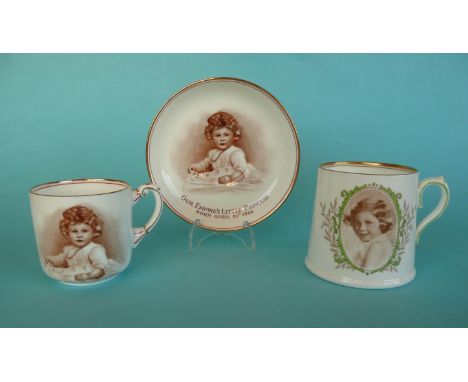 A Paragon cup and saucer for Princess Elizabeth dated April 21st 1926 and a Royal Doulton mug with named portrait of Princess