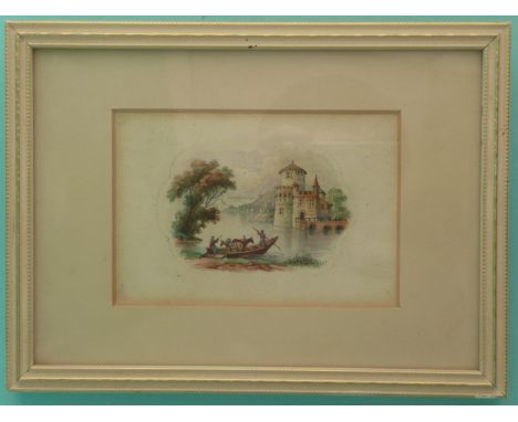 The original watercolour design by Jesse Austin for The Ferry Boat (389) framed.(potlid, pot lid, Prattware, Staffordshire).