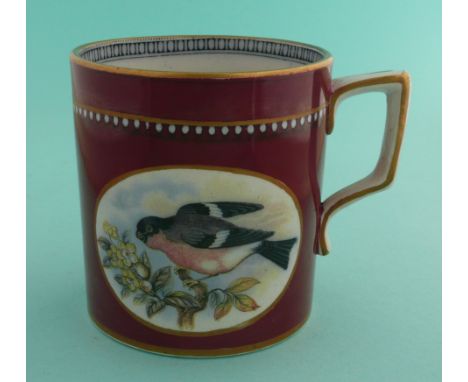 A good small mug: The Bullfinch (298) and The Wren (302) maroon ground, 82mm.(potlid, pot lid, Prattware, Staffordshire).