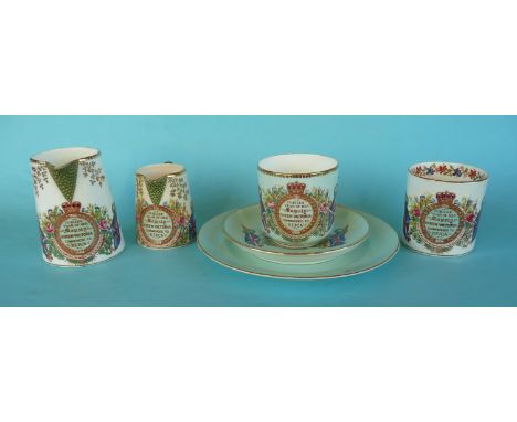 1887 and 1897 Jubilees: two coloured ground trios, three cups and saucers and two small mugs all by William Lowe (16).(commem