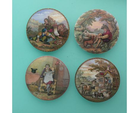 I See You My Boy (311) The Shepherd Boy (326) The Times (327) and Red Bull Inn (359) (4).(potlid, pot lid, Prattware, Staffor